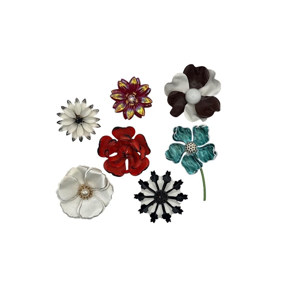 Vintage‎ Enamel Flower Brooch Lot 7pc Mod Pop Art Floral Pins Red White Teal